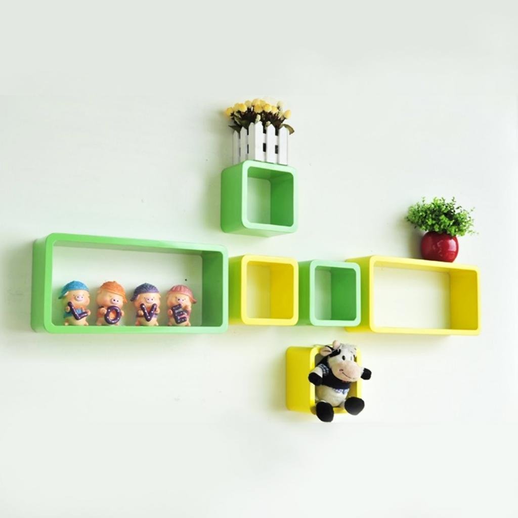Set Of 6 Cube Rectangle Wall Shelves for Storage & Display – Green & Yellow