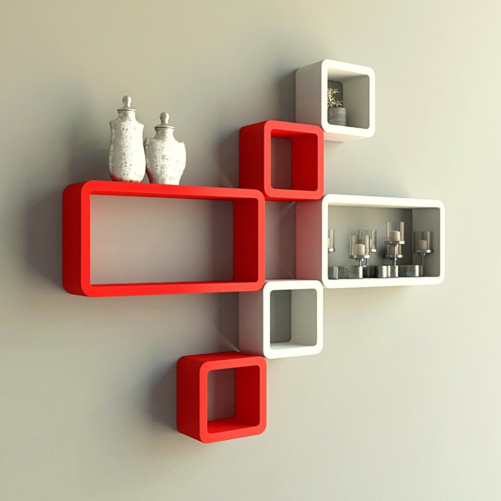 Set Of 6 Cube Rectangle Wall Shelves for Storage & Display – Red & White