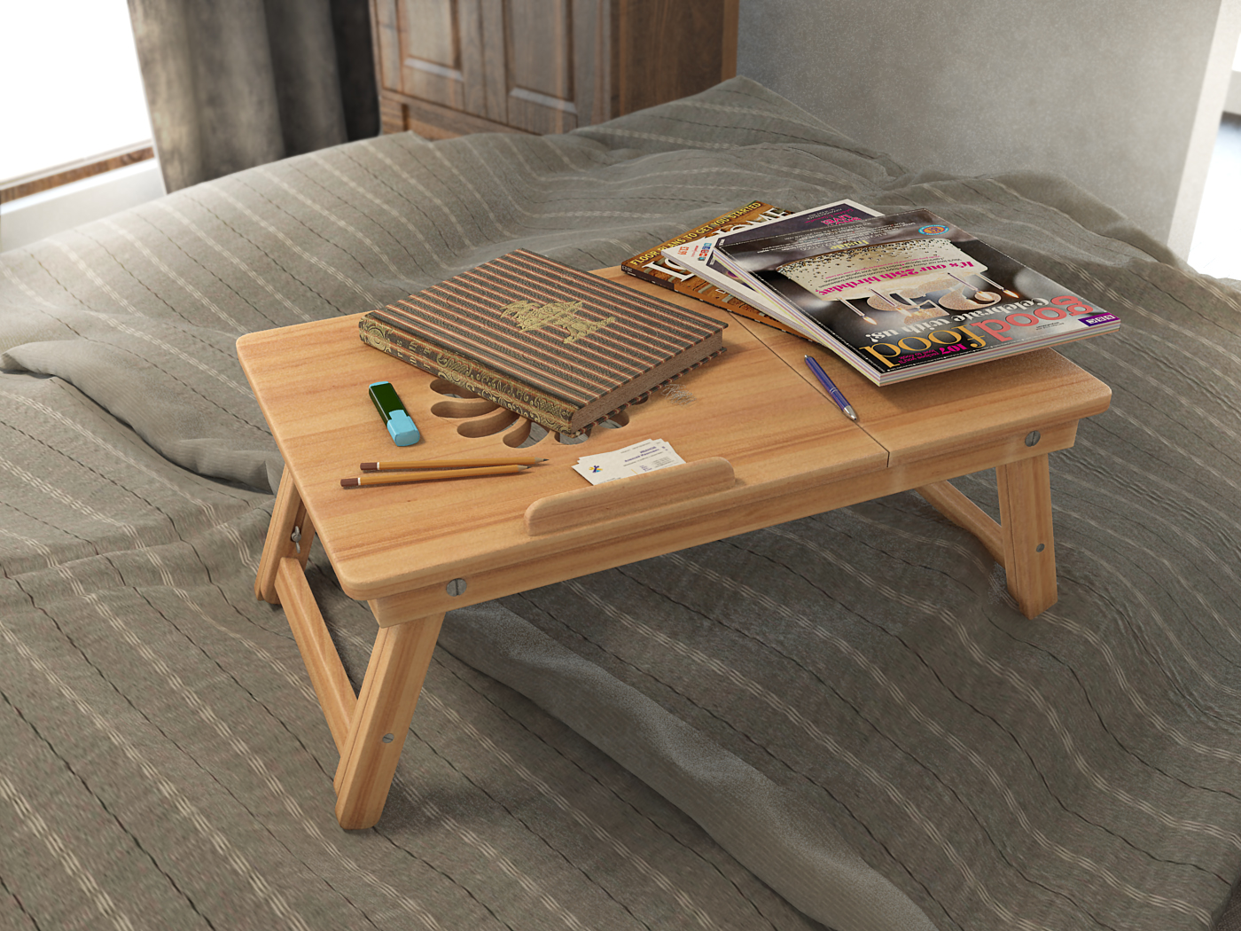 Folding Laptop Table Desk - Breakfast / Study / Coffee Table Minimal Style Natural Pine Wood - Image 7