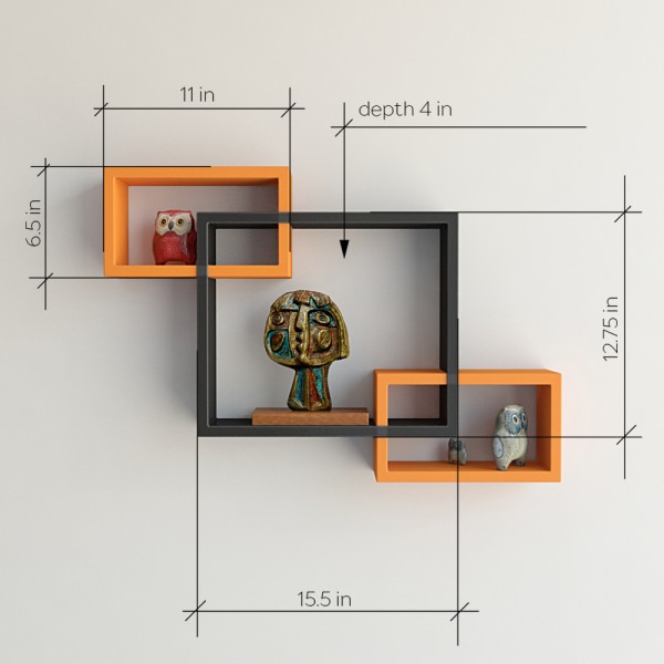 Intersecting Floating Wall Shelves For Storage Display Brown Orange Black Intersecting Wall Shelves On