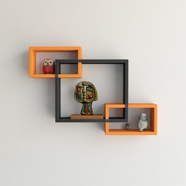 Intersecting Floating Wall Shelves For Storage Display Brown Rectangular Intersecting Orange Black Wall Shelves