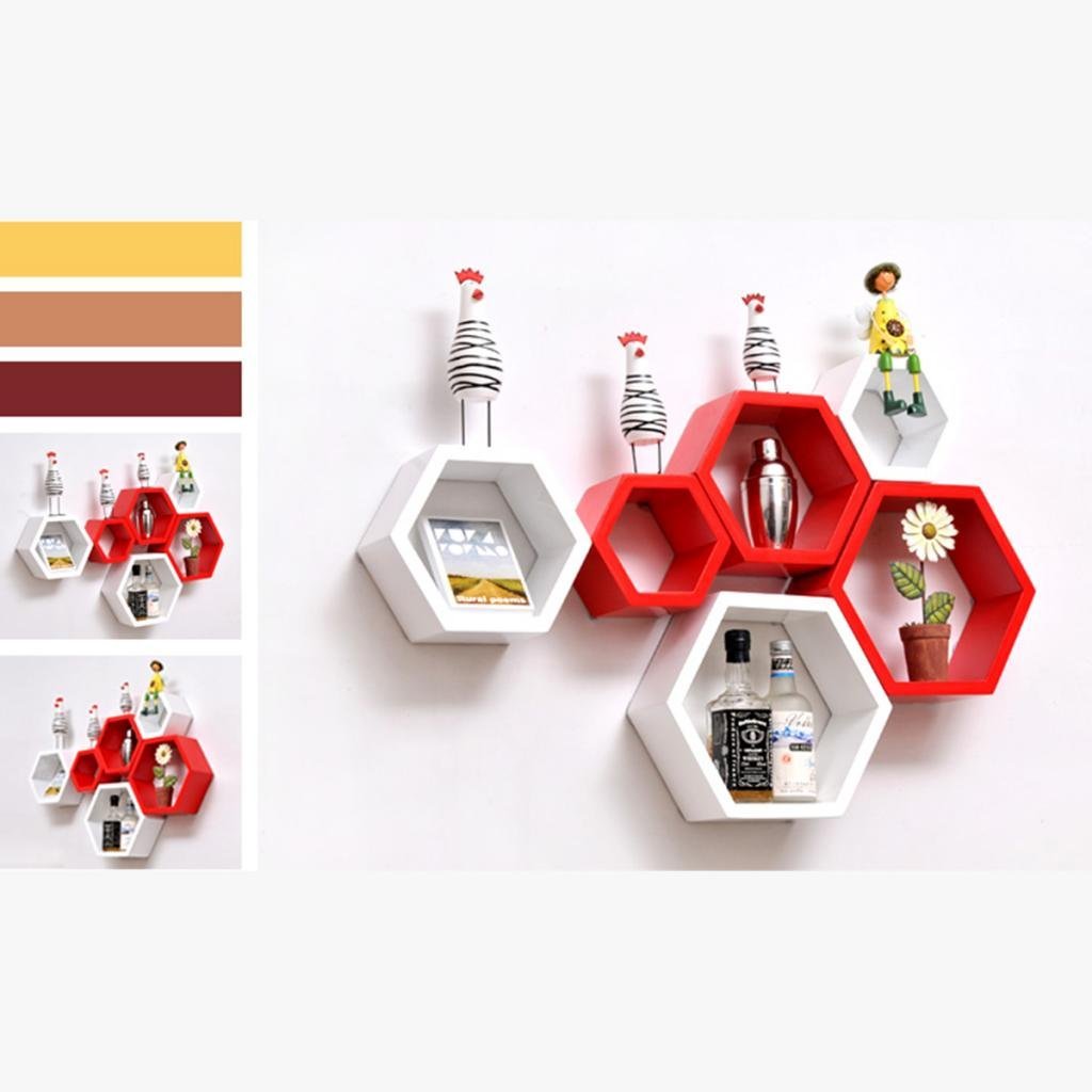 red white set of 6 hexagon floating wall shelves