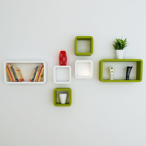 set of 6 cube rectangle green-white wall racks for home decor