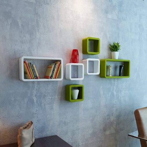 set of 6 green white cube rectangle wall shelf brackets