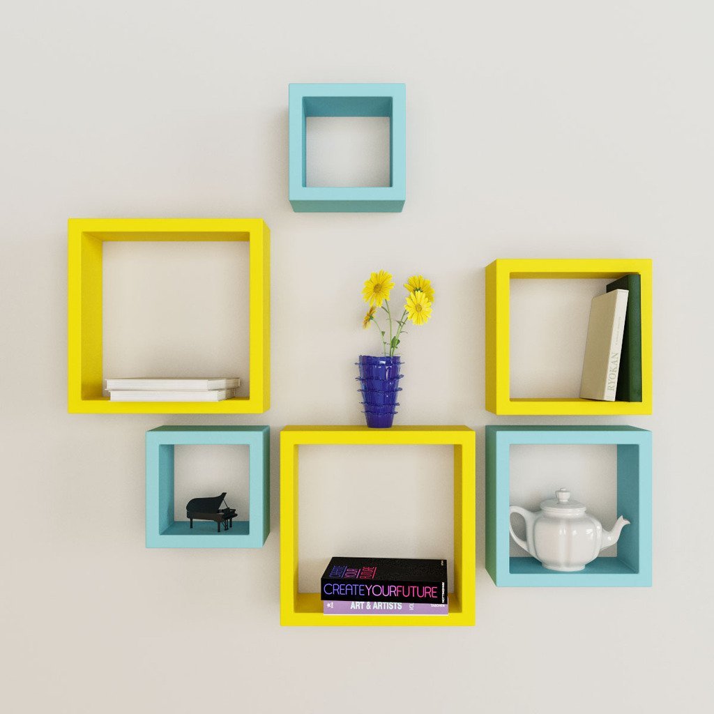 Nesting Square Wall Shelf Rack Unit Sky Blue Yellow - Set Of Nesting Square Skyblue Yellow Wall Shelves For Sale nesting square wall shelf rack unit sky blue yellow - set of nesting square skyblue yellow wall shelves for sale