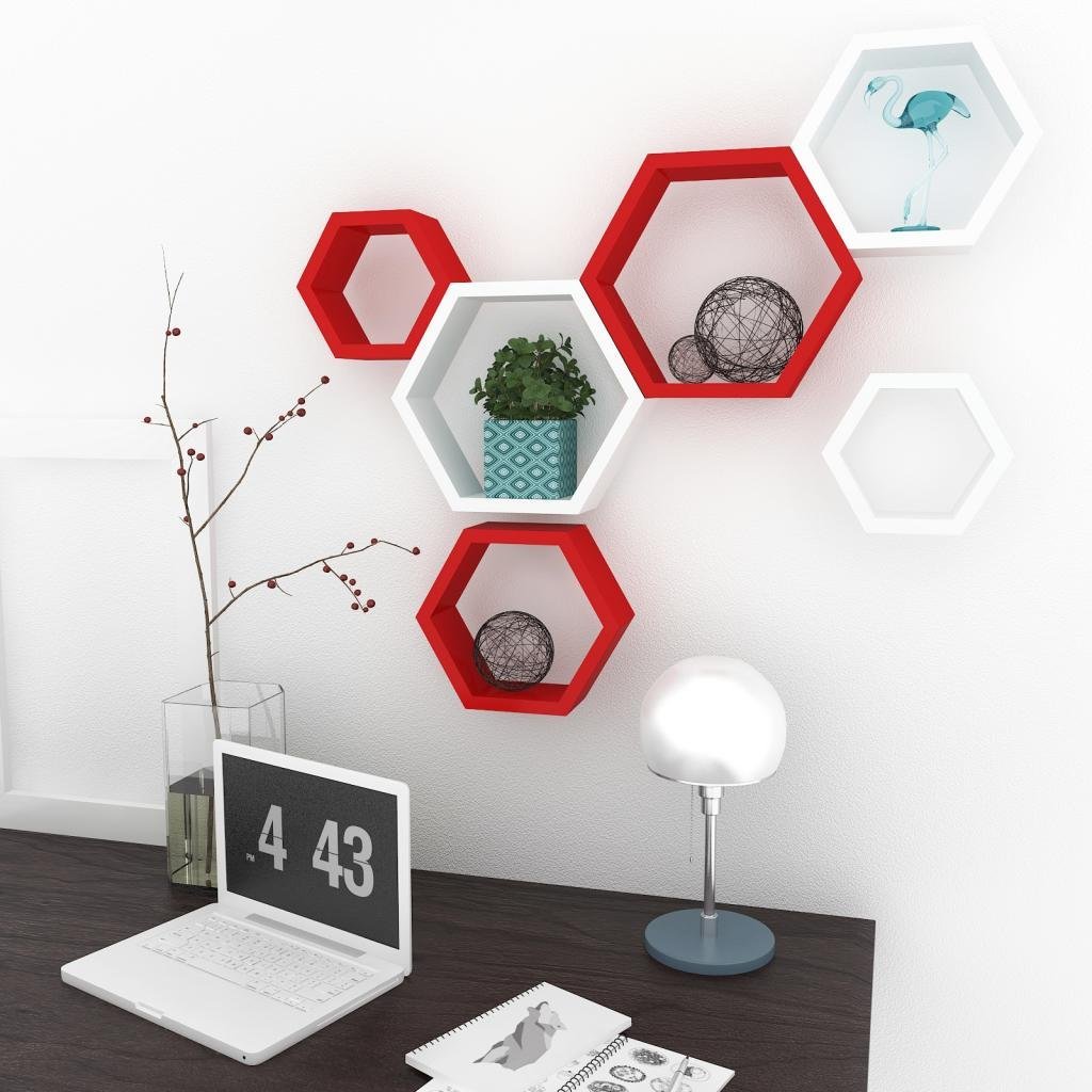 set of 6 red white decorative wall shelf