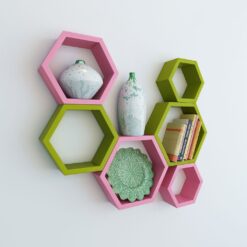 floating hexagon pink green wall shelf brackets