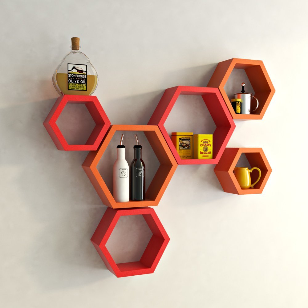 Set Of 6 Hexagon Wall Shelves for Storage & Display – Red & Orange