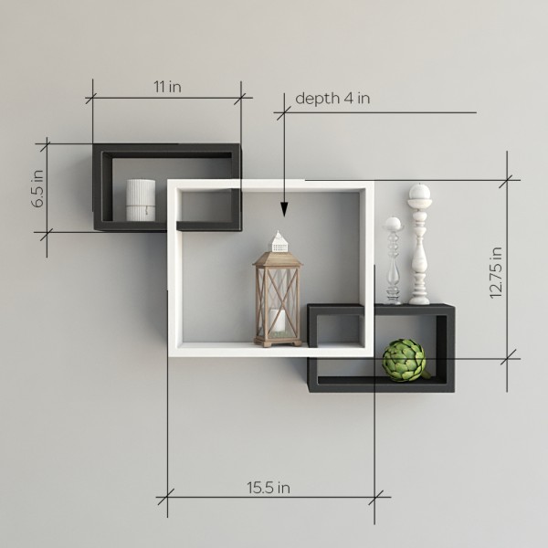 Set Of 3 Rectangular Intersecting Floating Wall Shelves For Storage Display Black White