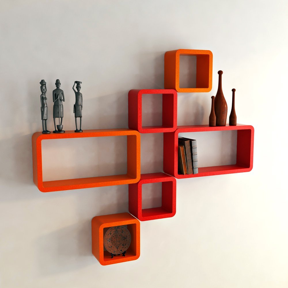 Set of 6 Cube Rectangle Wall Shelves for Storage & Display – Orange & Red
