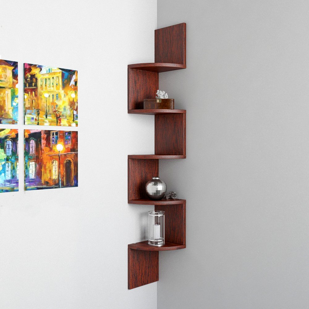 Corner Wall Mount Zigzag Shelf For Storage Display Rusty Cedar