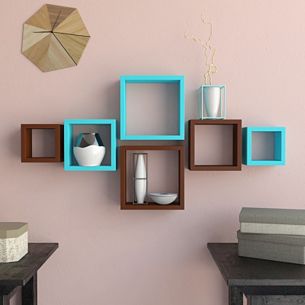 nesting square set of 6 wall shelf brown skyblue