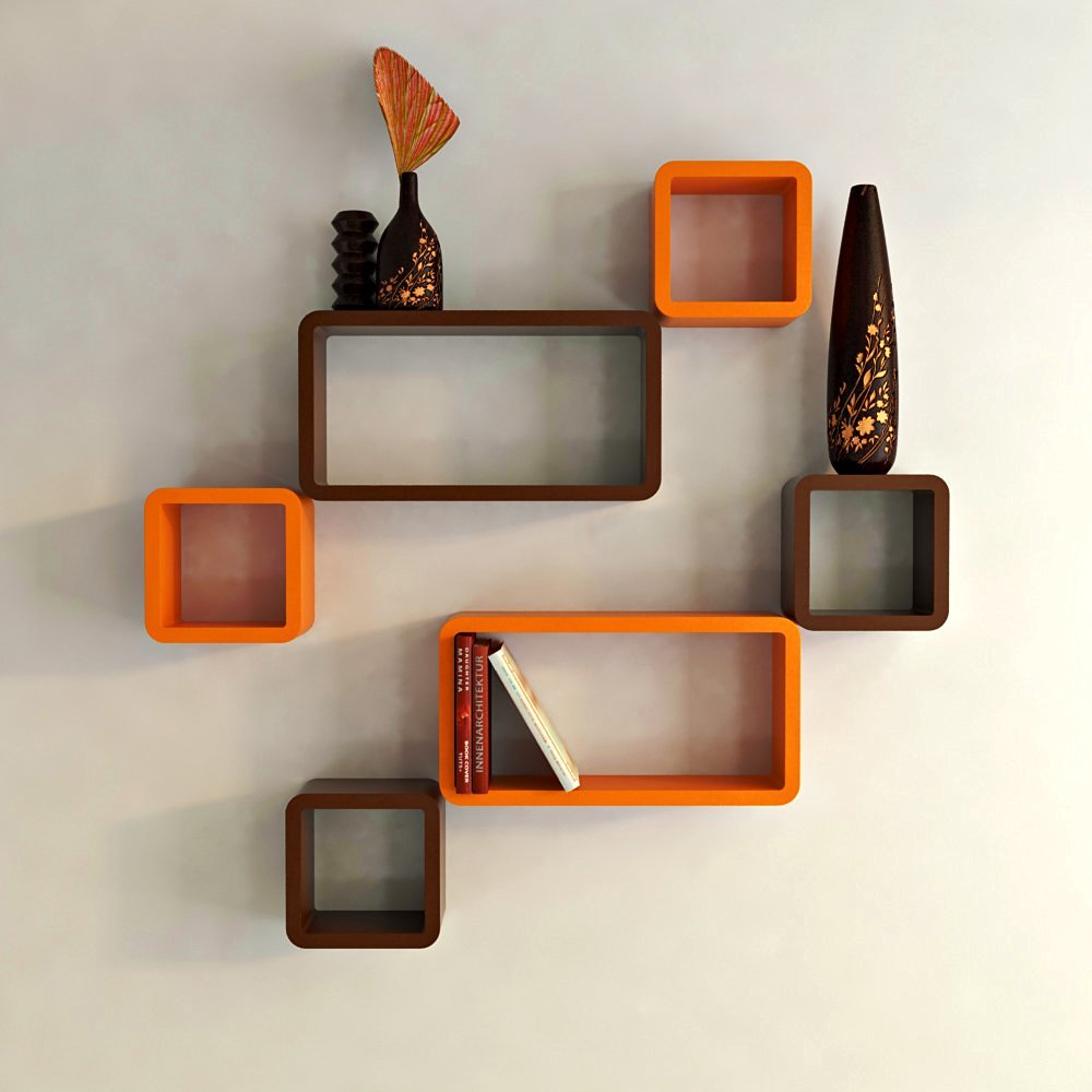 Set Of 6 Cube Rectangle Wall Shelves For Storage Display Orange Brown