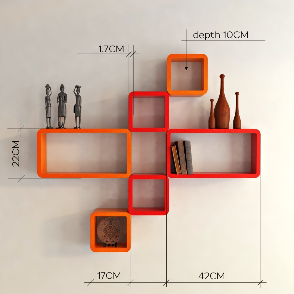 Set Of 6 Cube Rectangle Wall Shelves For Storage Display Orange Red
