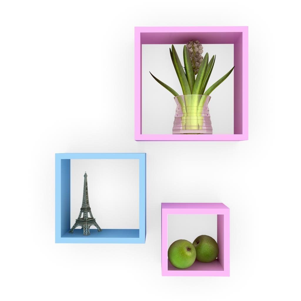 Set of 3 Nesting Square Wall Shelves for Storage & Display – Pink & Sky Blue