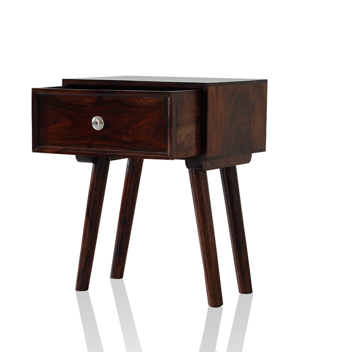Mid-century modern wooden bedside table with semi-gloss finish — side view highlighting compact design