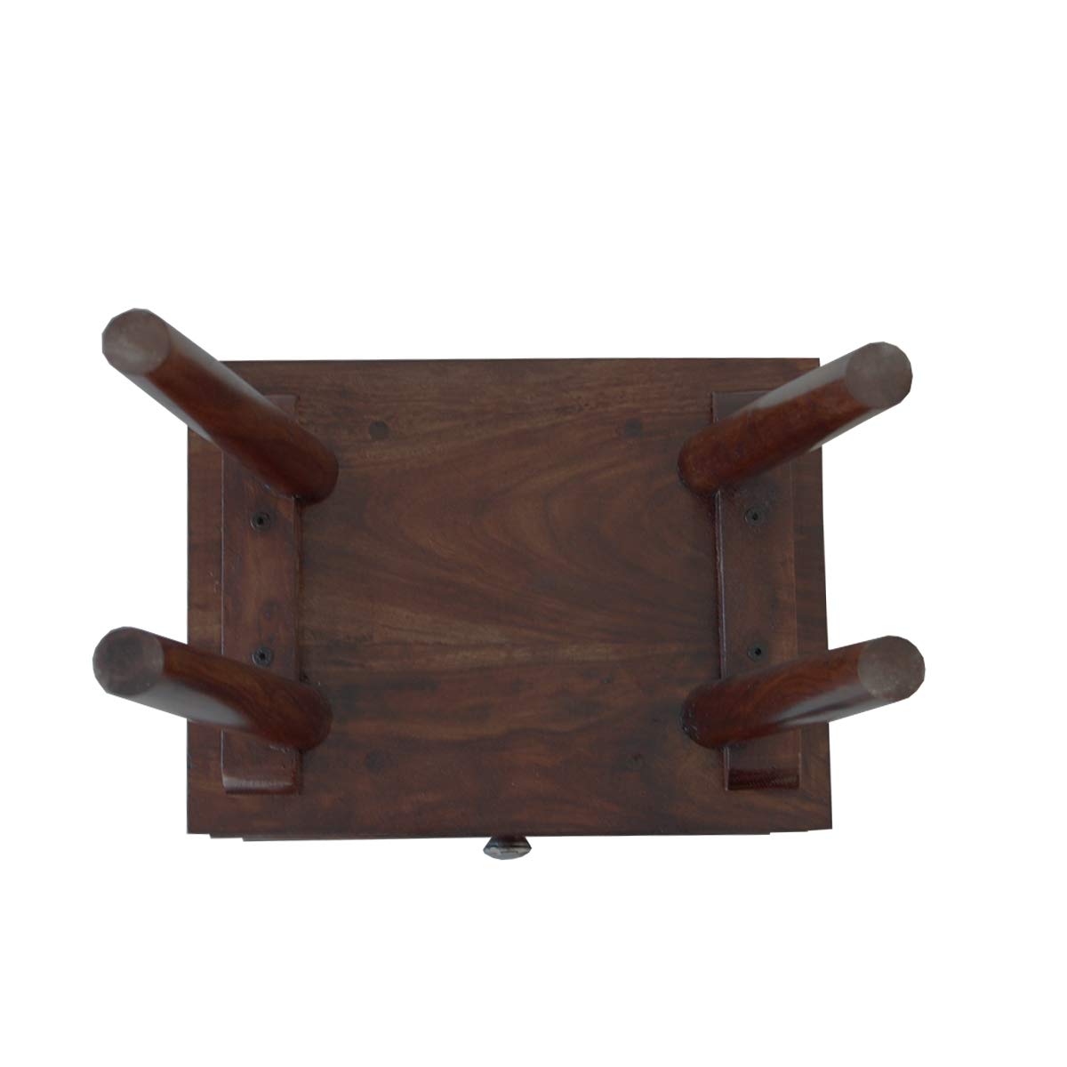 Dark espresso bedside table with metal handle — assembled view in bedroom setting