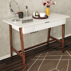 Engineered wood dressing table with solid wood legs — top view showing matte white finish
