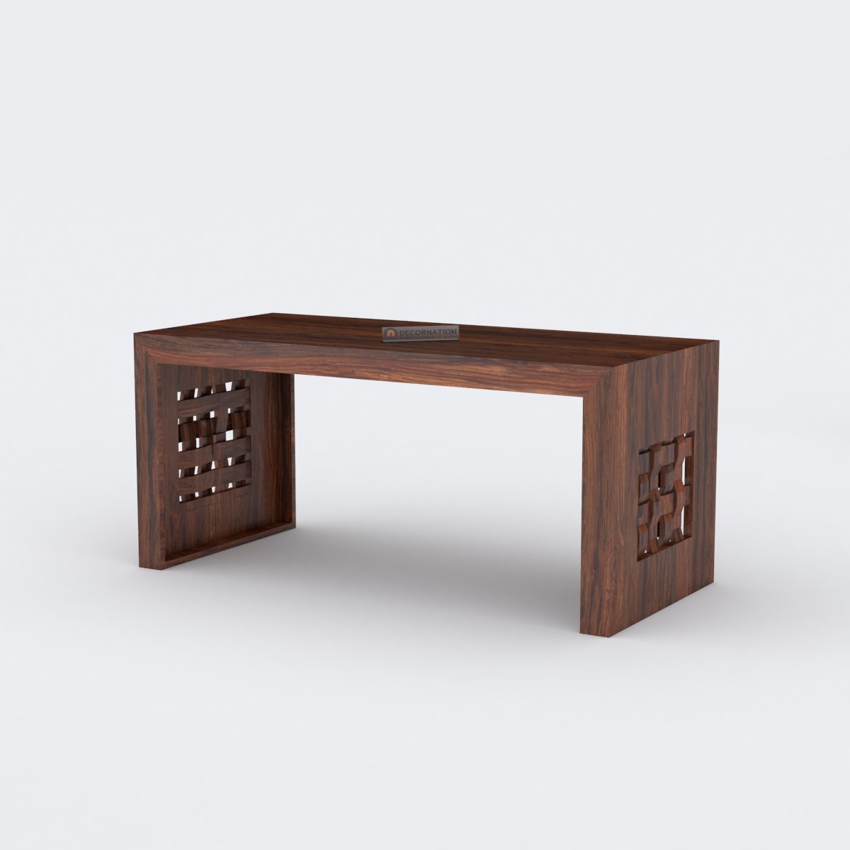 Wooden coffee table with woven pattern and integrated stools — side view