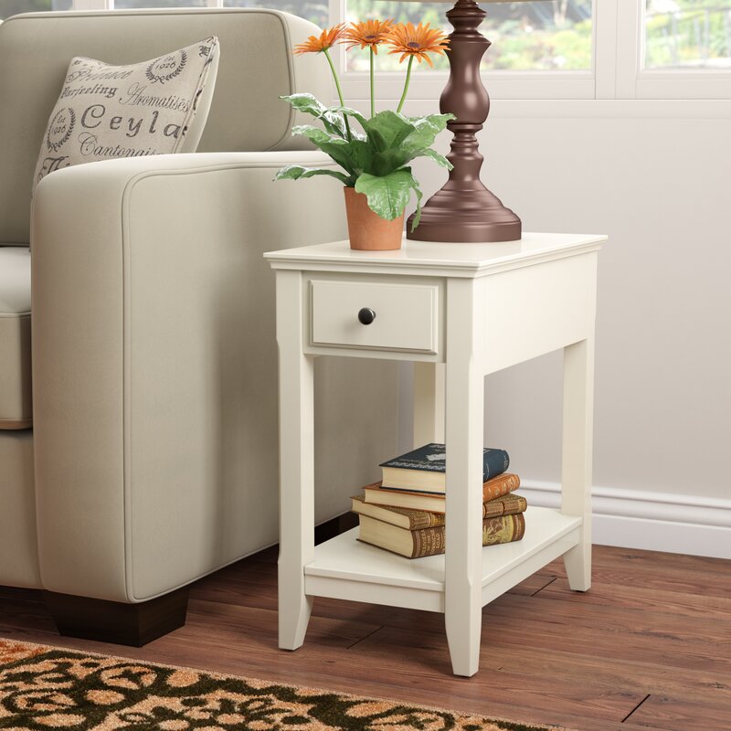 Milos Solid Wood Storage End Table, Small Narrow End Table White