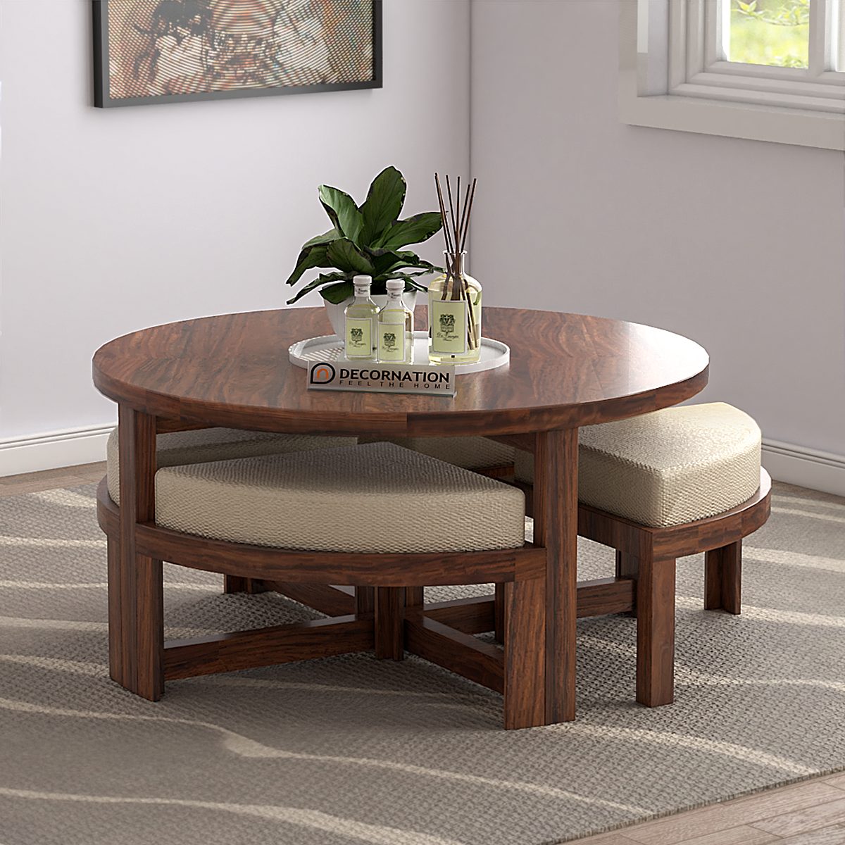 Exeter Solid Wooden Circular Coffee Table with 4 Stools - Natural