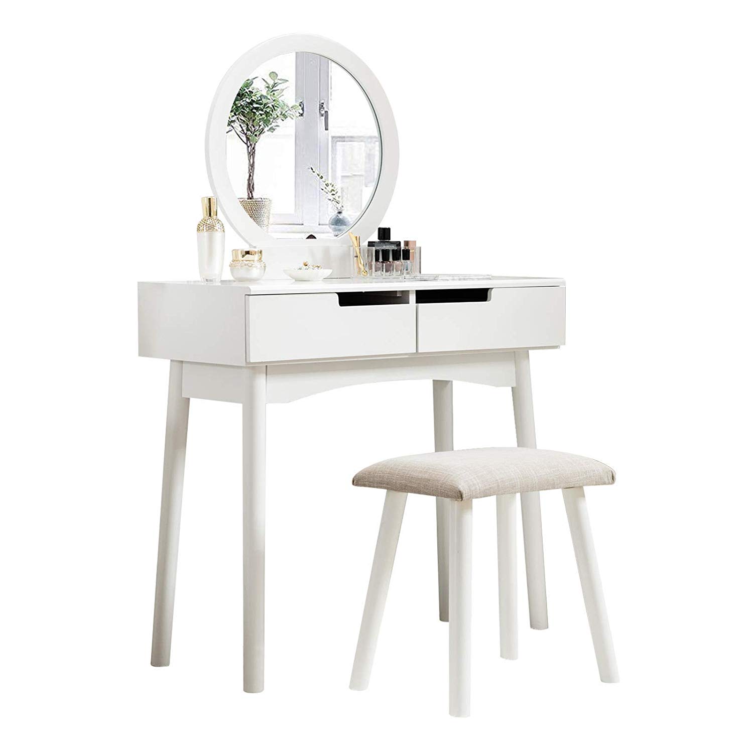 White wooden dressing table with mirror and storage — dimensions overlay showing 31.5 x 15.8 x 51.2 inches
