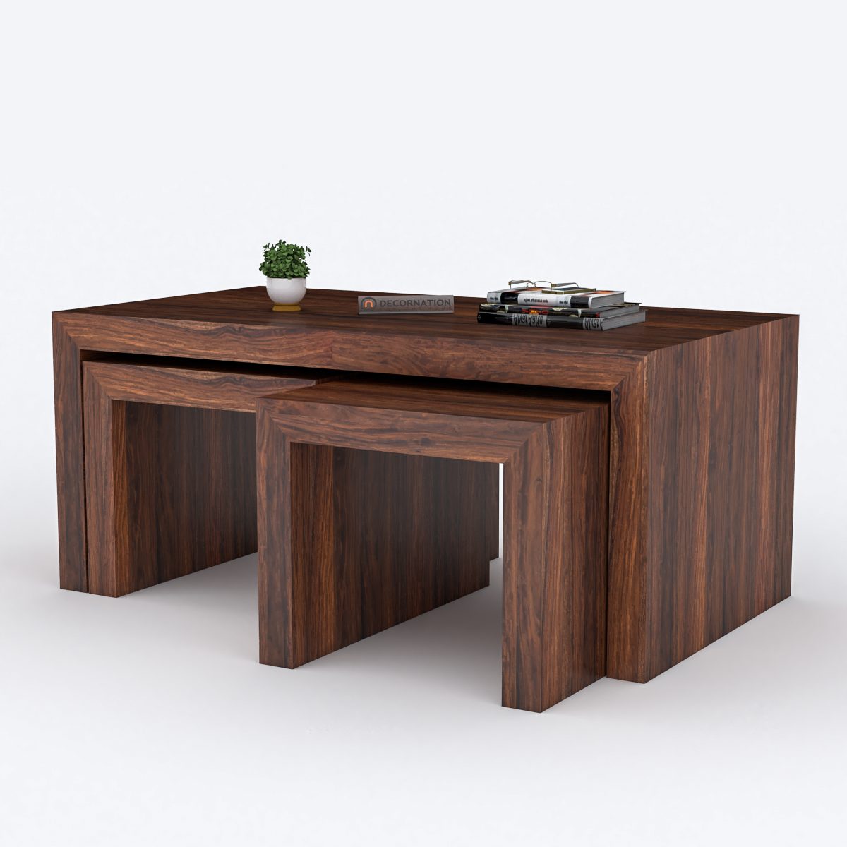 Solid wood coffee table with stools — front view showing 43.5-inch width