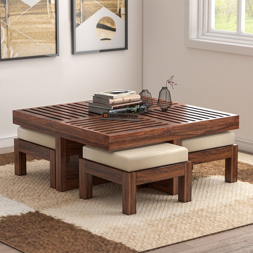 Carlisle Solid Wooden Coffee Table With Pull Out Stools Natural