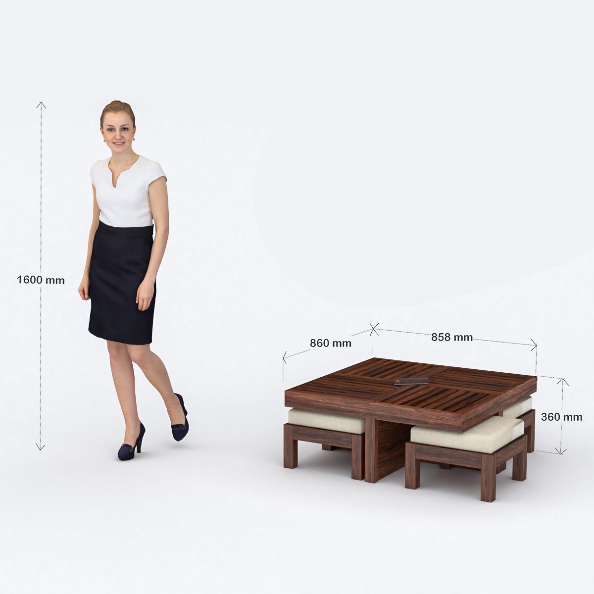 Dundee Wooden 4 Stool with Cushion Coffee Table - Brown - Image 6