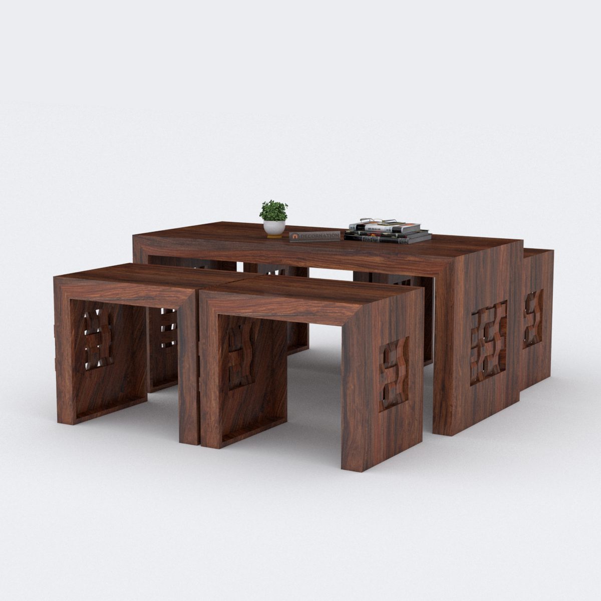 Lincoln Solid Sheesham Wood Coffee Table Set — 4 Stools Included - Image 6