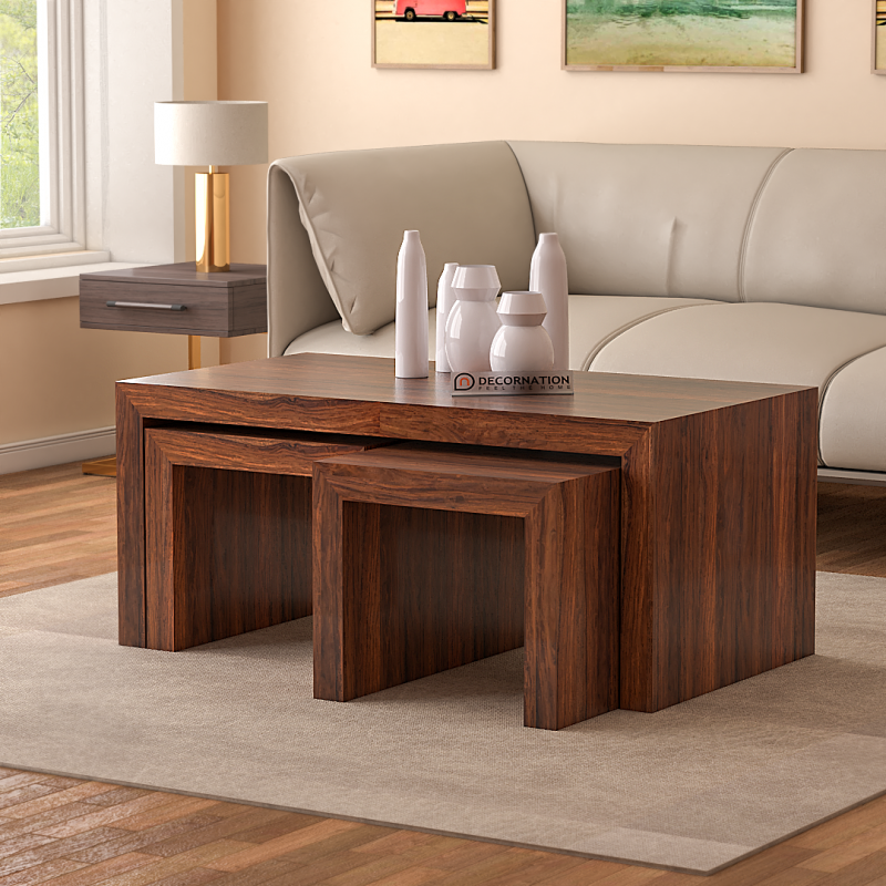 Carlisle Solid Wooden Coffee Table With Pull Out Stools Natural