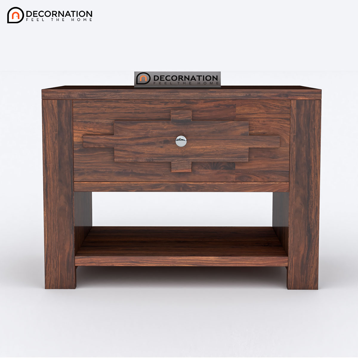 Solid sheesham bedside table, walnut brown, with drawer and shelf — side view highlighting natural wood grain pattern.