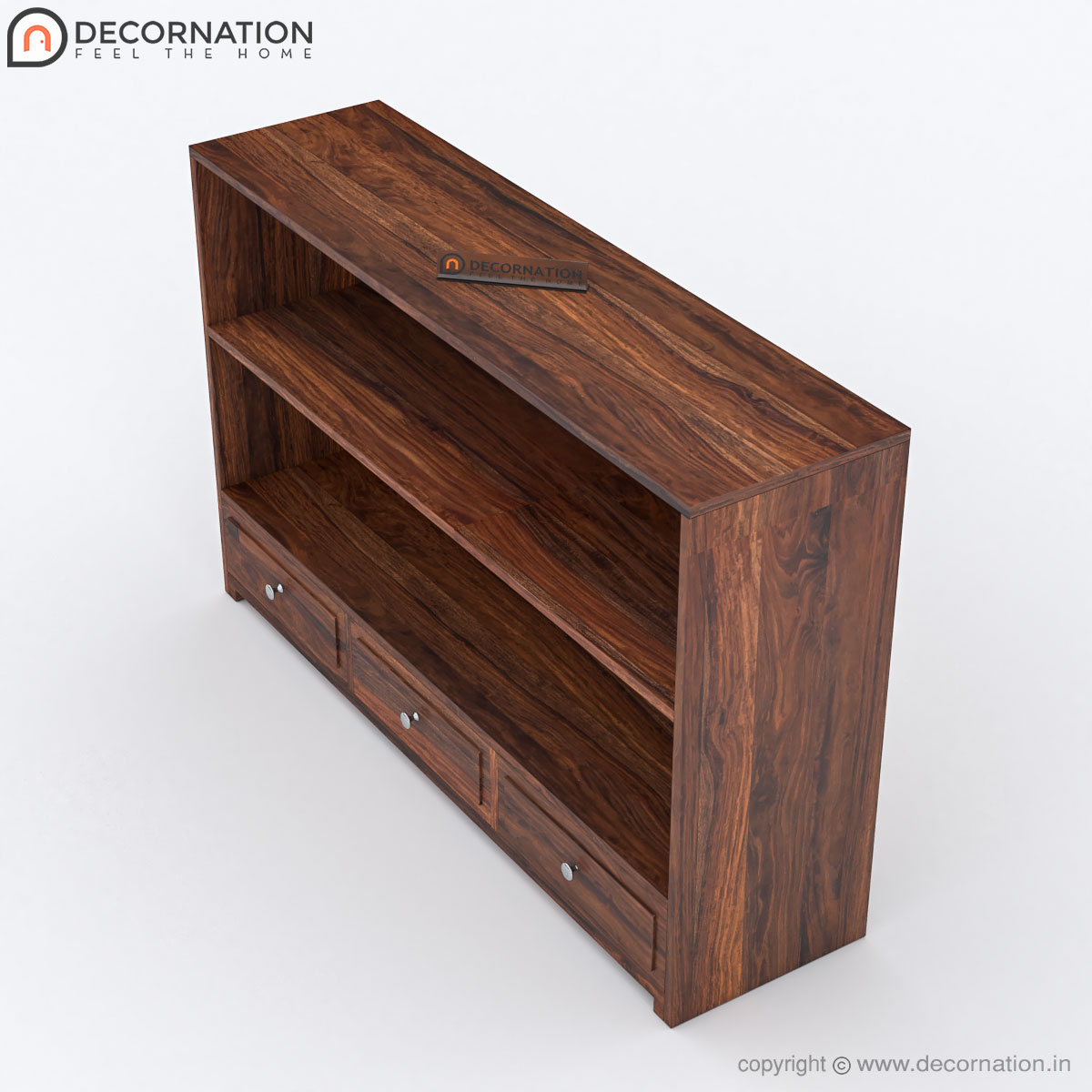 Sheesham wood console table with three drawers and two open shelves — side view with 14-inch depth
