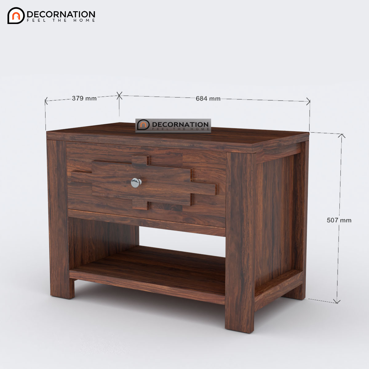 Contemporary sheesham wood side table with metal handle — top view detailing 27-inch width.