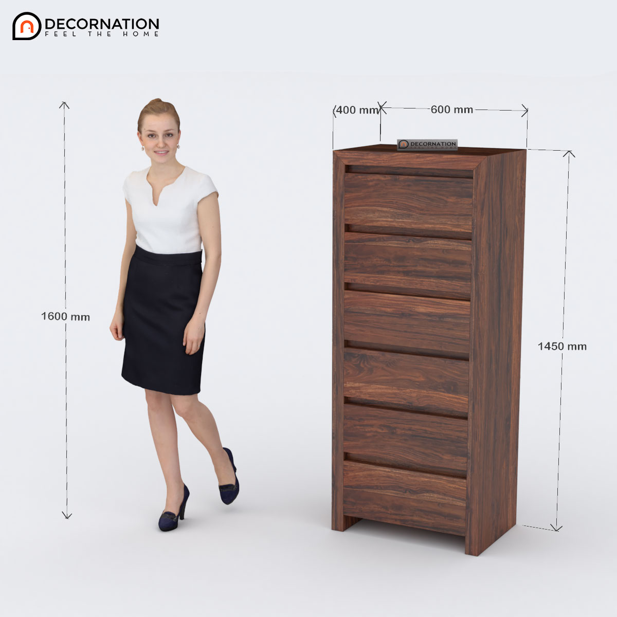 Tall storage cabinet in solid sheesham wood, 57 inches height — side view showing sleek contemporary design