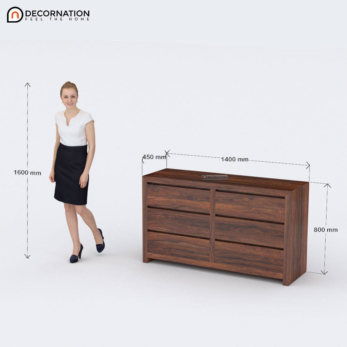 Six-drawer solid wood chest with smooth metal slides — close-up of drawer mechanism in walnut brown matte finish