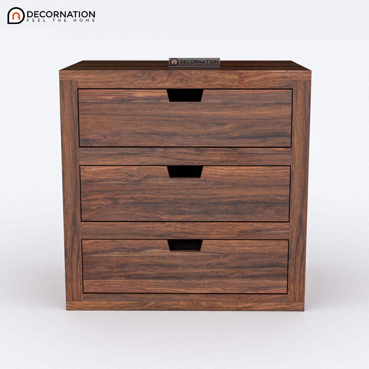 Contemporary bedroom storage chest in solid wood — close-up of natural wood grain and knots