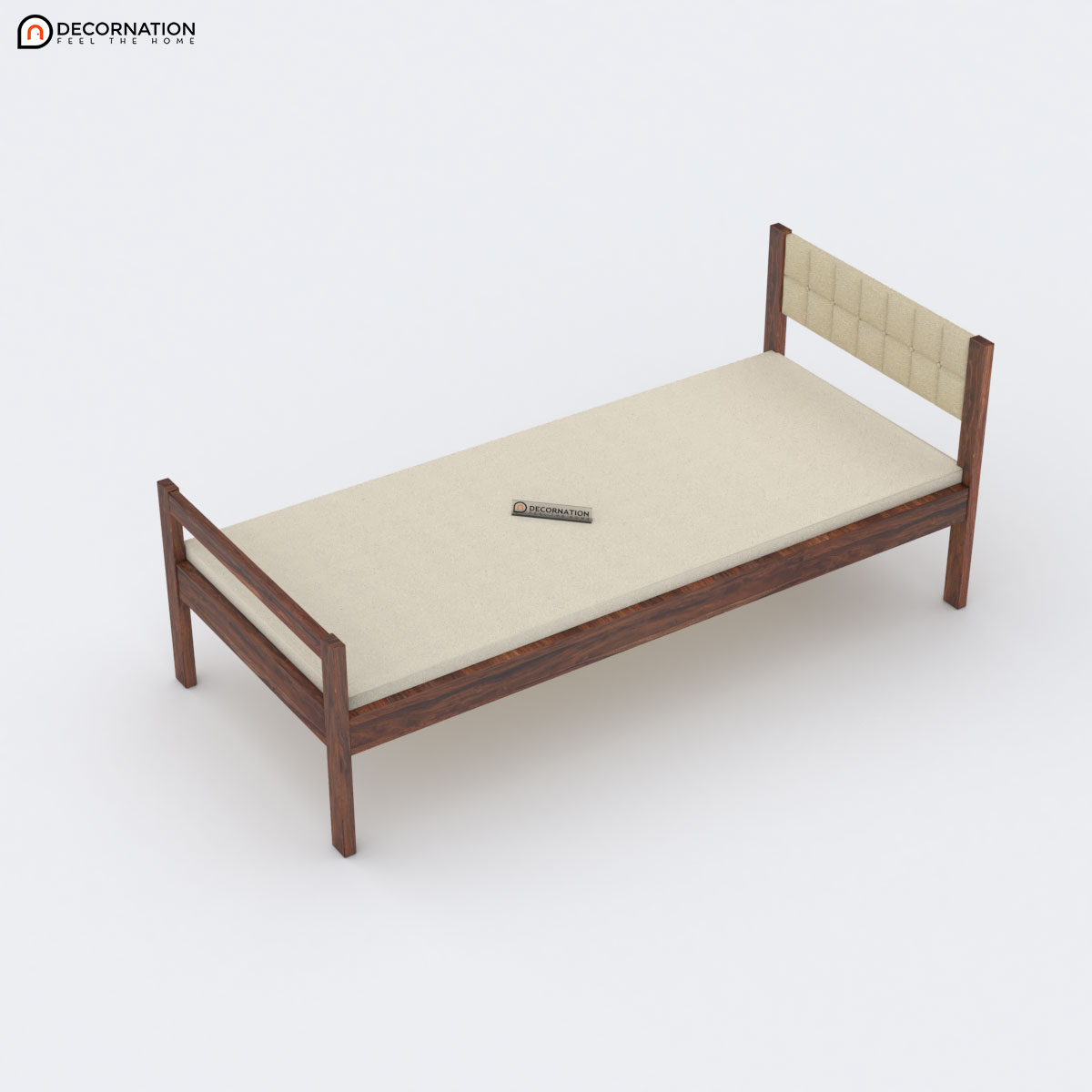 Solid Sheesham Wood Single Bed - Side View Showing Tufted Headboard