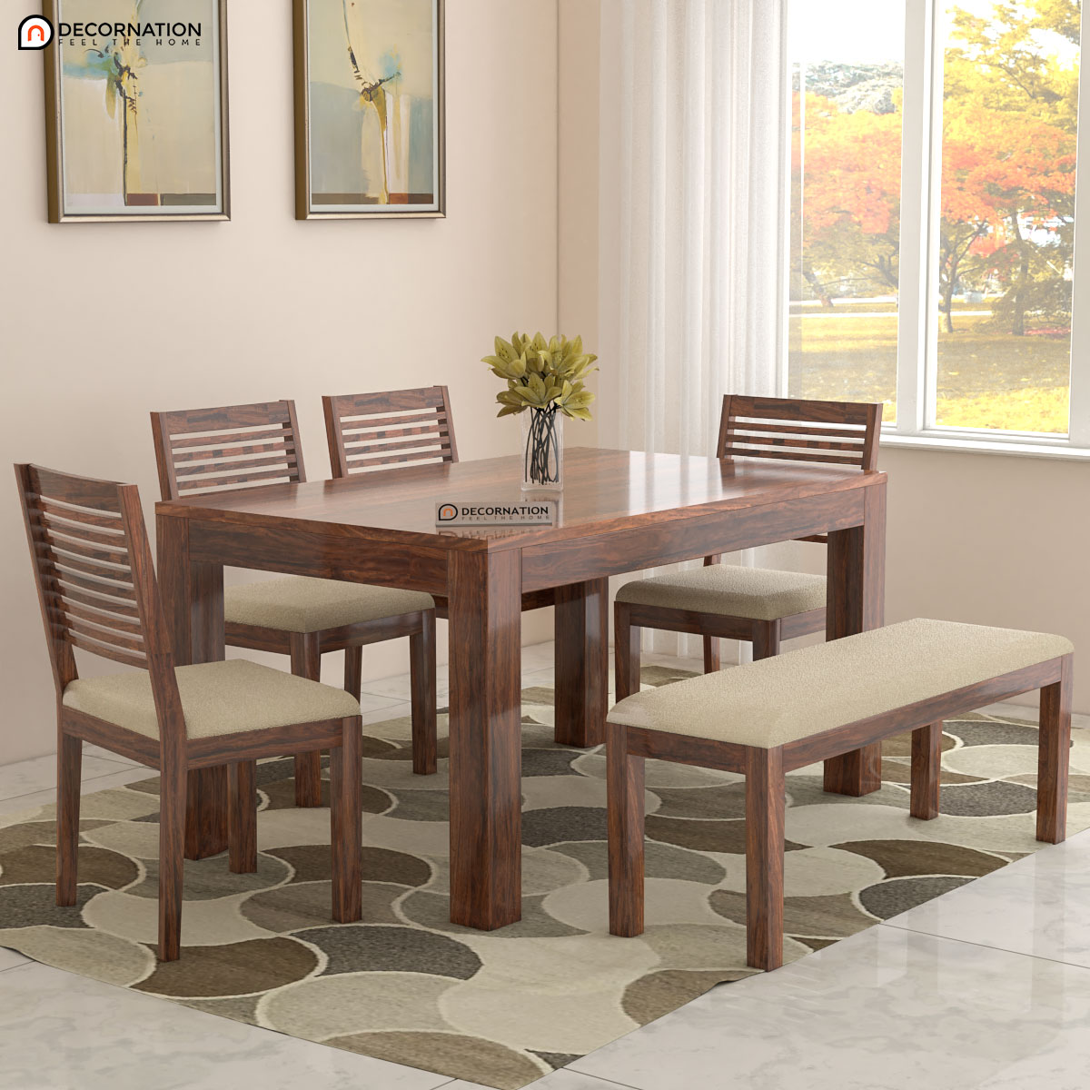 Blankenberge Solid Wood 6 Seater Dining Table Set - Decornation