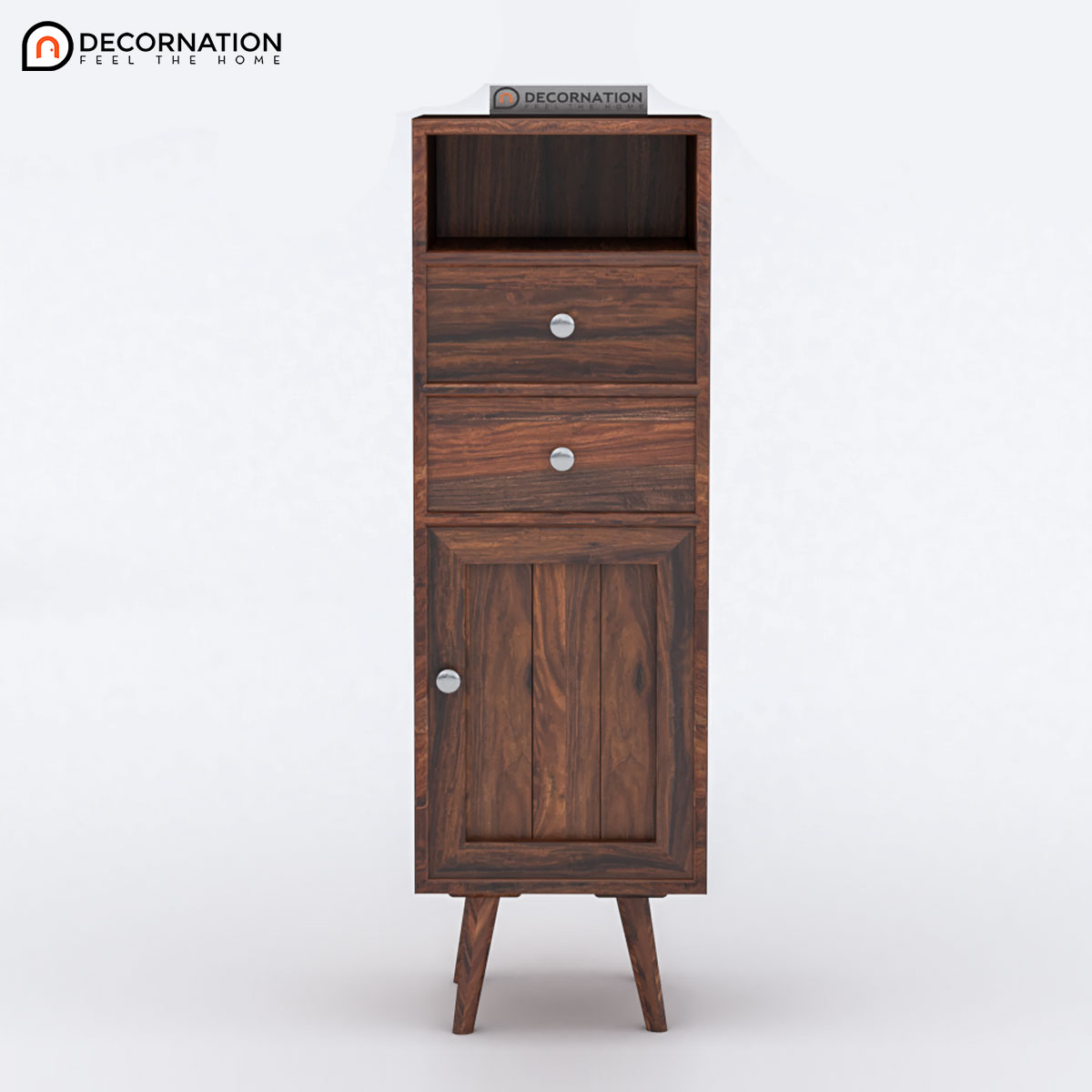 Sheesham wood cabinet with 15 inch deep drawers and open shelf — top view