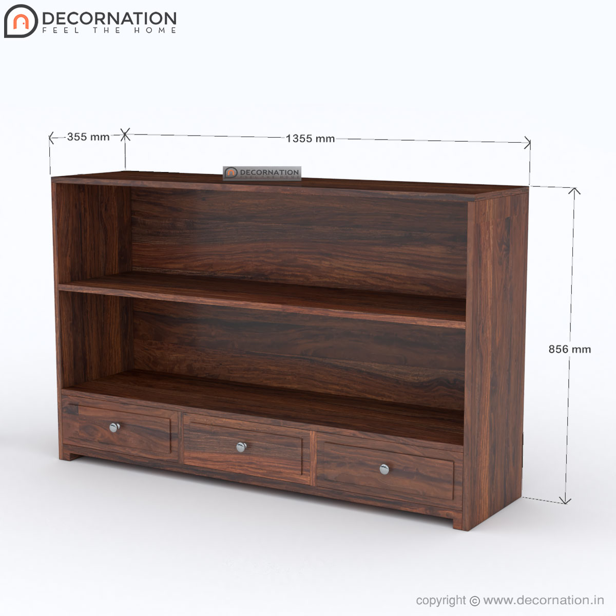 Walnut brown console table with metal handles on drawers — top view highlighting matte finish