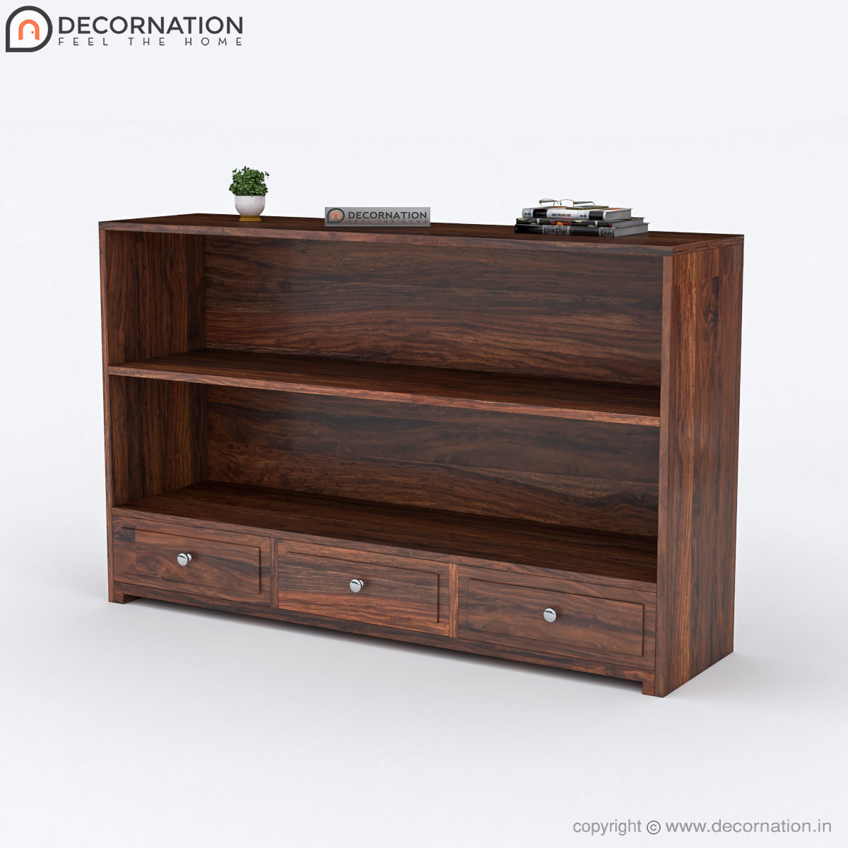 Fully assembled sheesham wood console table — perspective view showing 33.5-inch height