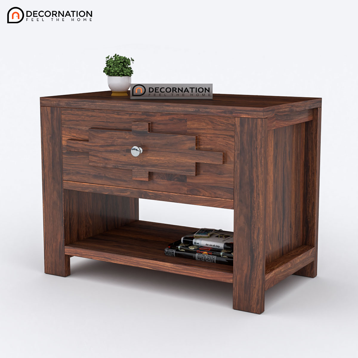 Walnut brown sheesham wood side table with open shelf — angled view showcasing matte finish.