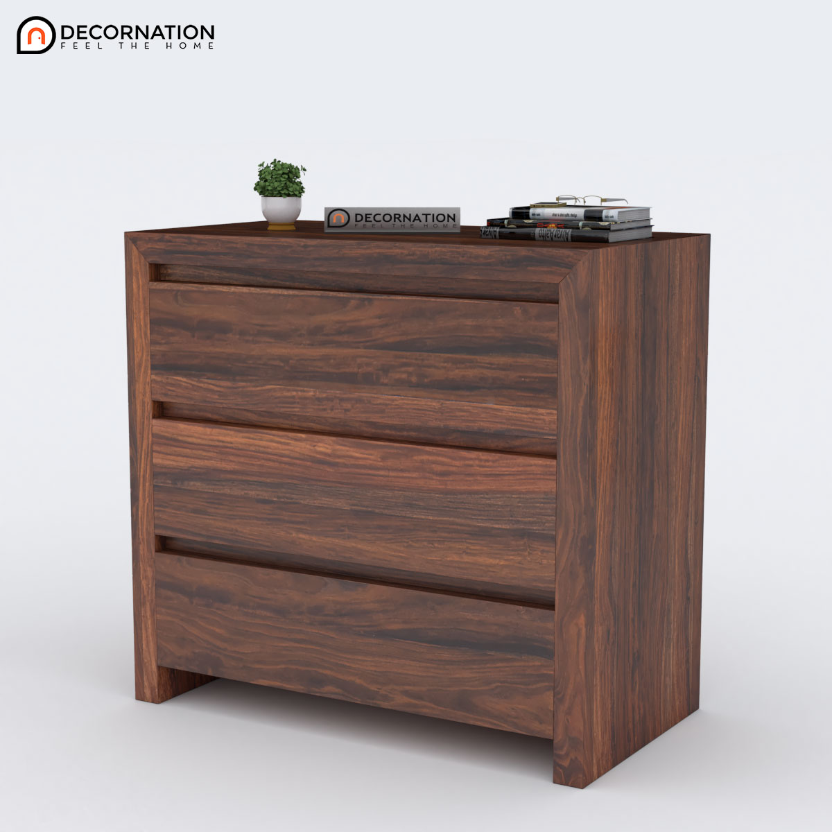 Contemporary style sheesham wood cabinet with push-open drawers and no visible handles — side view