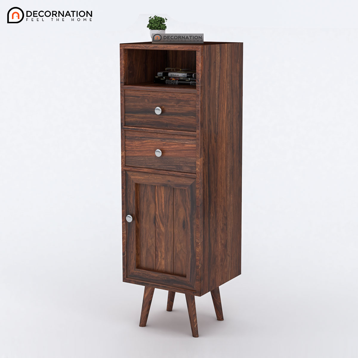 Mid-century modern sheesham cabinet with metal handles — front view showing 15.7 inch width