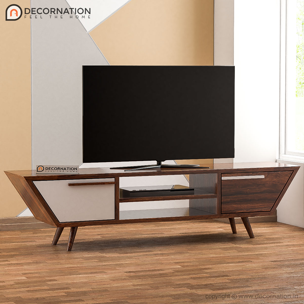 Philo Solid Wood Storage TV Table with 2 Drawers and Shelf Natural