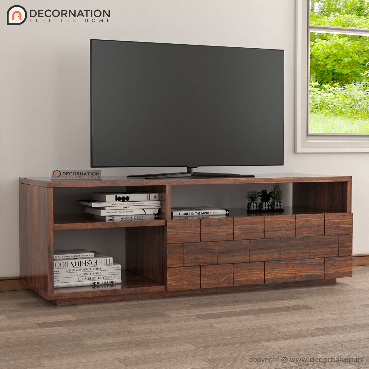 Illias Solid Wood TV Table With Storage - Brown - Decornation