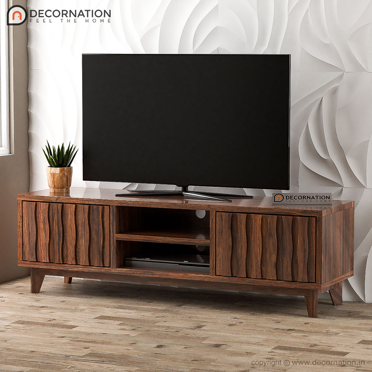 Peder Solid Wood Designer Storage TV Table - Natural Finish - Decornation