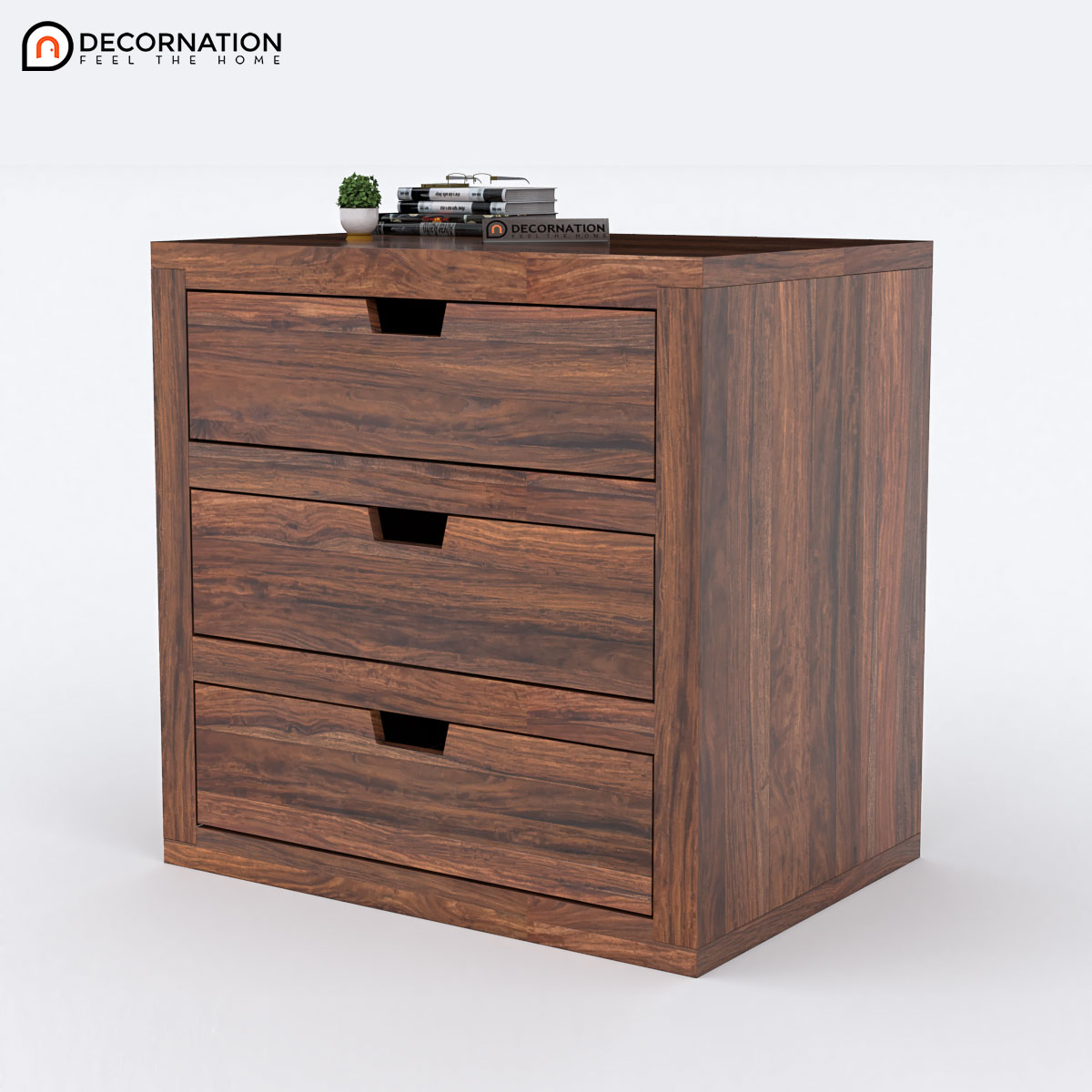 Walnut brown chest of drawers with push-open mechanism — side view highlighting sleek design