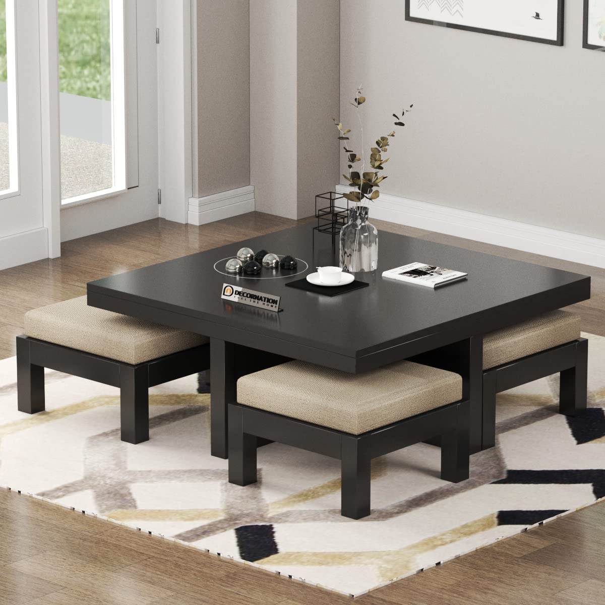 Lanthe Coffee Table With Stools Black